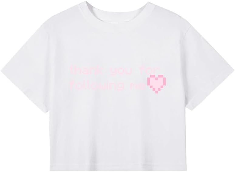 CORIRESHA Women's Cute Heart Print Crewneck Short Sleeve Crop Letters T-Shirt