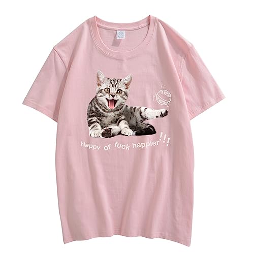 CORIRESHA Teen Happy Cat Crewneck Short Sleeve Summer Casual Cotton Cute T-Shirt