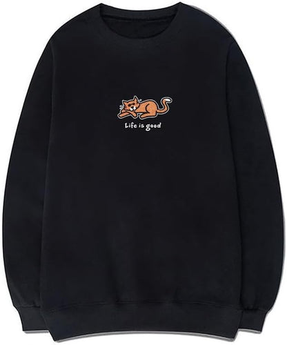 CORIRESHA Women's Cute Cat Crew Neck Long Sleeve Casual Cotton Letters Sweatshirt