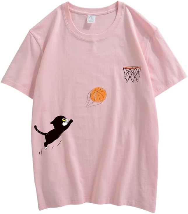 CORIRESHA Adolescente Lindo Gato Baloncesto Cuello Redondo Manga Corta Suelta Camiseta De Algodón Suave