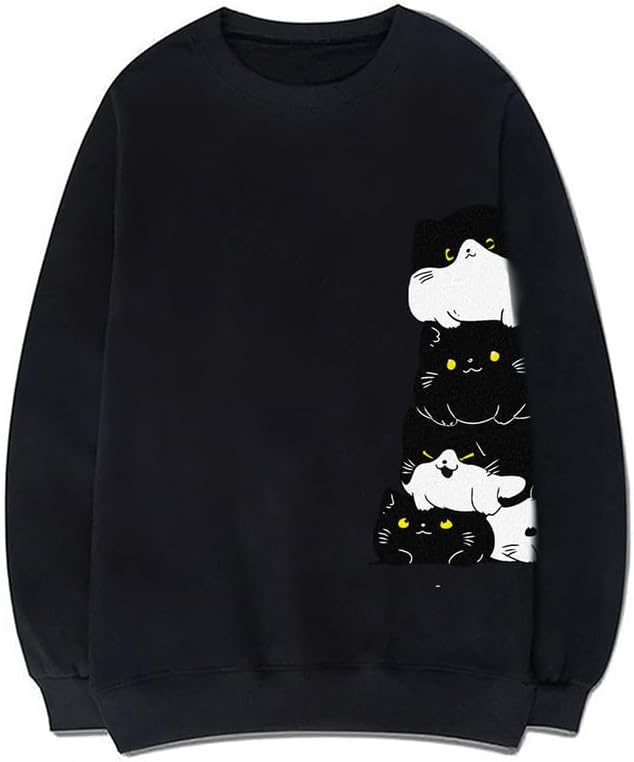 CORIRESHA Teen Cute Cat Crew Neck Long Sleeve Simple Cotton Pullover Sweatshirt