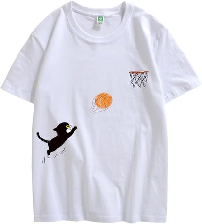 CORIRESHA Adolescente Lindo Gato Baloncesto Cuello Redondo Manga Corta Suelta Camiseta De Algodón Suave