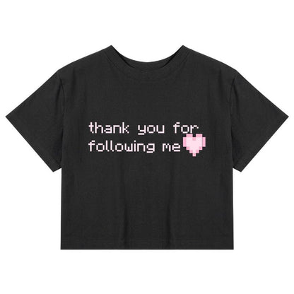 CORIRESHA Women's Cute Heart Print Crewneck Short Sleeve Crop Letters T-Shirt