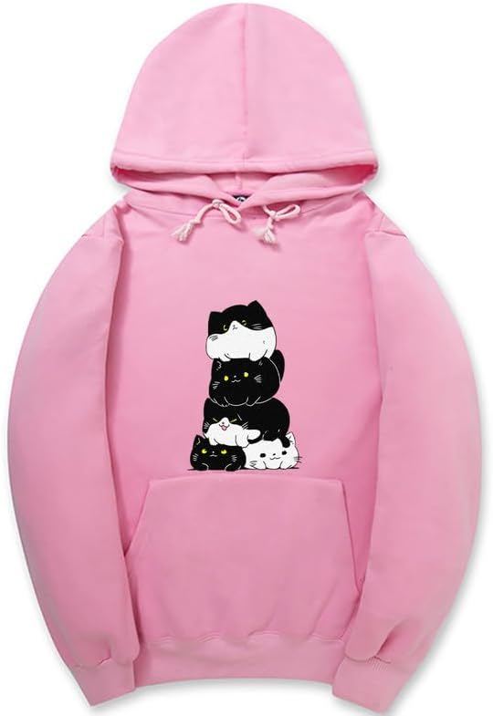 CORIRESHA Teen Cute Cat Long Sleeve Drawstring Kangaroo Pocket Simple Hoodie Sweatshirt