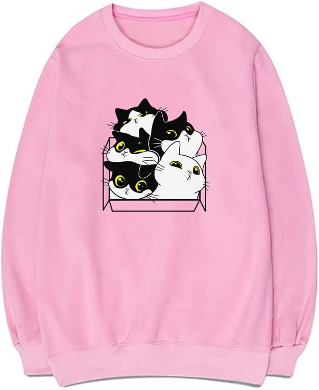 CORIRESHA Unisex Cute Cat Box Crew Neck Long Sleeve Soft Cotton Sweatshirt