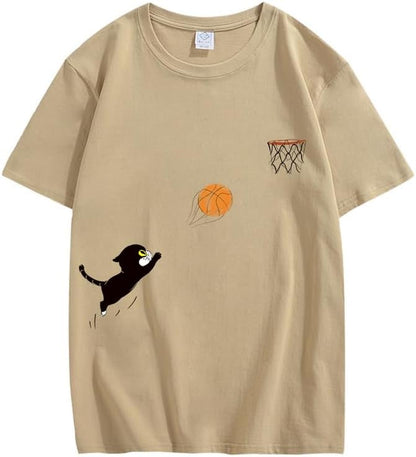 CORIRESHA Adolescente Lindo Gato Baloncesto Cuello Redondo Manga Corta Suelta Camiseta De Algodón Suave