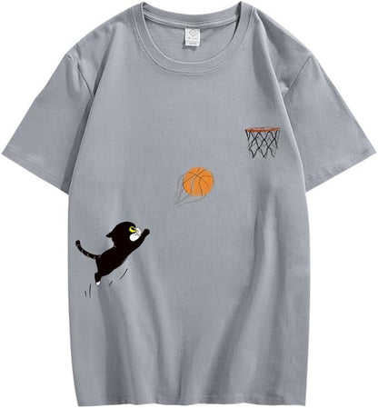 CORIRESHA Adolescente Lindo Gato Baloncesto Cuello Redondo Manga Corta Suelta Camiseta De Algodón Suave