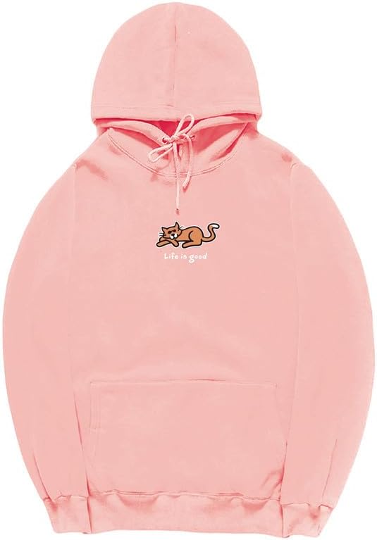 CORIRESHA Women's Cute Cat Drawstring Long Sleeve Kangaroo Pocket Letters Hoodie Sweatshirt