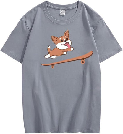 CORIRESHA Teen Cute Shiba Inu Dog Skateboard Round Neck Short Sleeves Cozy T-Shirt