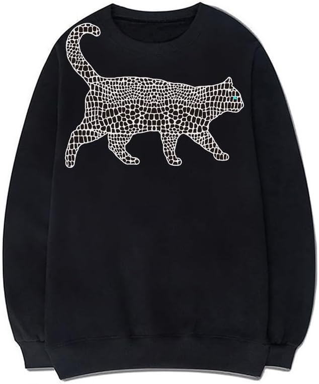 CORIRESHA Spotted Cat Crewneck Long Sleeve Cotton Cute Animal Pullover Sweatshirt