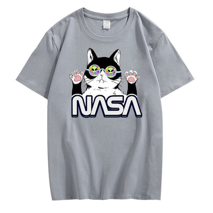 CORIRESHA Camiseta de la NASA para adolescente, informal, cuello redondo, manga corta, lindo gato