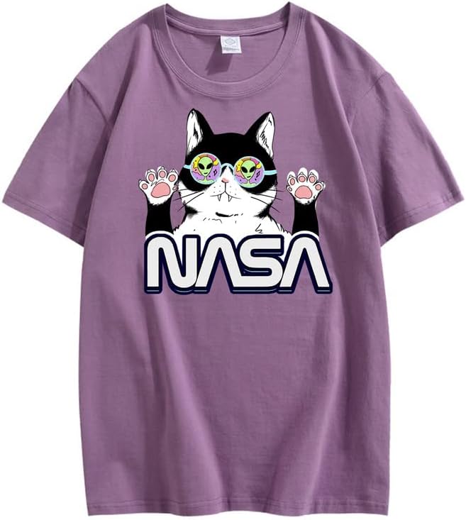 CORIRESHA Camiseta de la NASA para adolescente, informal, cuello redondo, manga corta, lindo gato