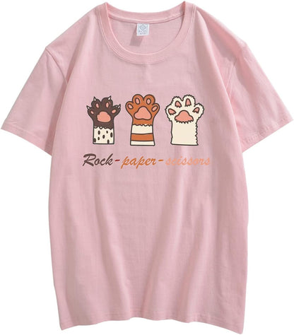 CORIRESHA Teens Cat's Paw Graphic T-Shirt Crewneck Short Sleeves Casual Cozy Cute Tops