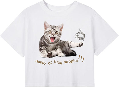 CORIRESHA Women's Fashion Happy Cat Crewneck Short Sleeve Cute Crop T-Shirt