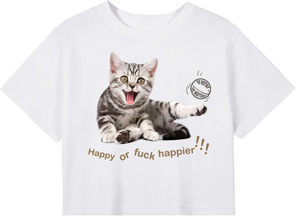 CORIRESHA Camiseta corta de manga corta con cuello redondo y diseño de gato feliz para mujer