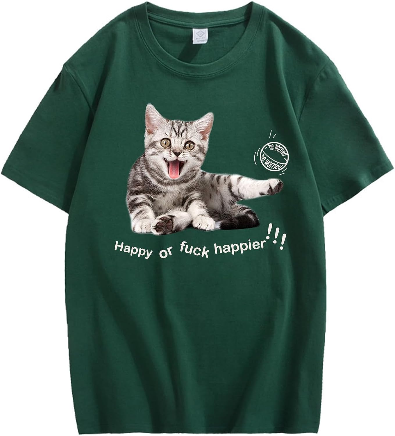 CORIRESHA Adolescente Happy Cat Cuello Redondo Manga Corta Verano Casual Algodón Linda Camiseta