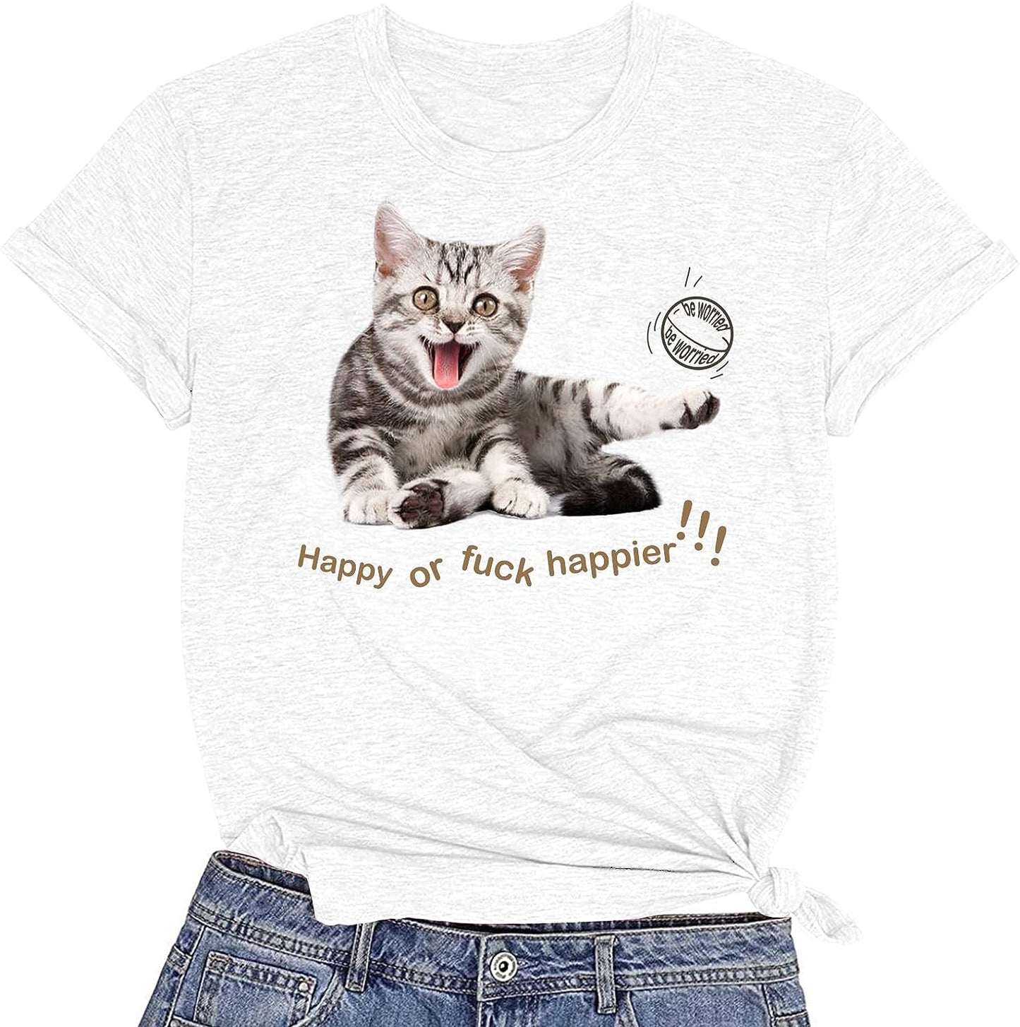 CORIRESHA Camiseta de gato feliz para mujer, cuello redondo, manga corta, verano, suelta, linda camiseta